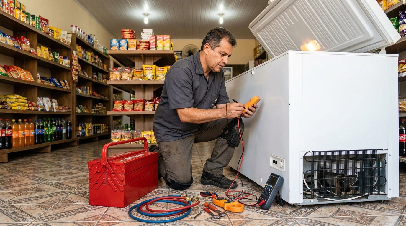 Manômetro conectado ao circuito durante recarga de gás de freezer em Ponta Grossa‑PR