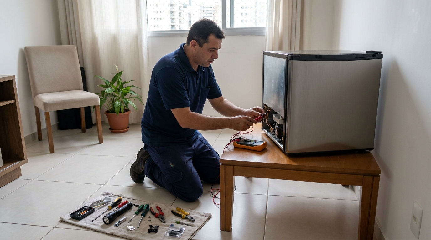 Técnico avaliando um frigobar compacto durante atendimento em Ponta Grossa‑PR